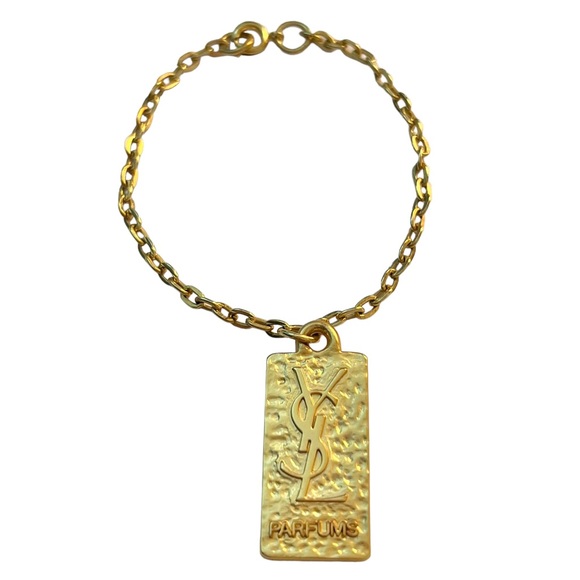 VTG AUTH Yves Saint Laurent YSL Parfums Tag Gold Chain Link Logo Charm Bracelet - Picture 1 of 15